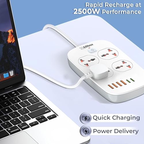 Image of Embox Extension Board with USB Type C | Extension Board with Switches 6A Spike Guard 4 Universal Sockets 2500W Extension Cord | Safety Shutter LED Indicator, 2meter