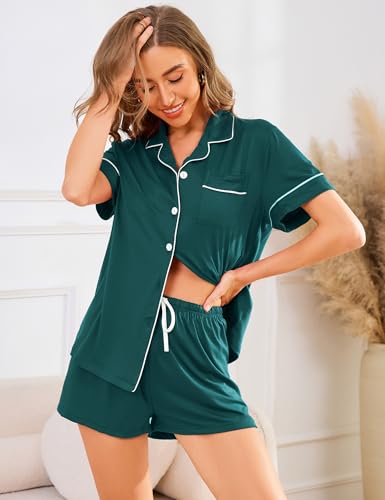 Image of Pajama Set for Women 2 Piece Sleepwear Short Sleeve Button Down Pj | Cotton Loungewear Shorts Set,Sexy Classic Notch Collar Sleep Wear,Lounge Set for Sleeping,Wedding Bridal,Pajama Party