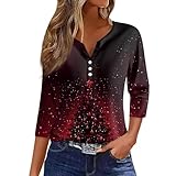 SCBFDI Weihnachtsshirts für Frauen, Damen Blusen, Weihnachts Bluse mit V-Ausschnitt 3/4-Ärmel Vintage Festtagsdruck Bequeme Casual Party-Kleidung Rot L