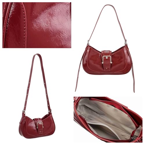 Image of Ayliss Shoulder Bag for Women Red Purse Y2k Top Handle Bag Burgundy Purse Vegan Leather Tote Handbag Clutch Hobo Studded | Purse
