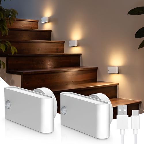 Image of L LOHAS LED Motion Sensor Night Light, Rechargeable Stair Lights Indoor, Portable Warm White Motion Sensor Light Indoor, Battery Operated Night Light for Bedrooms, Stairway & Bathrooms[2 Pack]