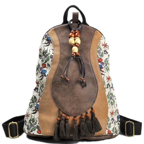 Spydge Mochila Bohemia Moda la Mochila de Lona y Cuero Vintage étnica Mochila de Viaje Mochila de Hombro con Cremallera y Borlas para Compras Citas Fiestas Vacaciones Viajes al aire Libre