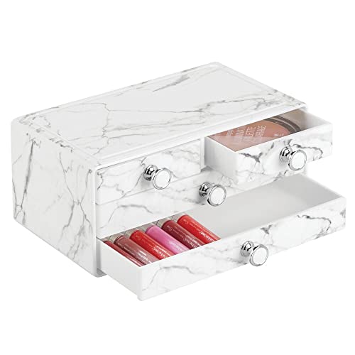 mDesign Decorative Wide Plastic Makeup Organizer Storage Station with 4 Drawers for Bathroom Vanity, Countertop, Cabinet - Holds Lip Gloss, Eyeshadow Palettes, Brushes, Blush, Mascara - Marble