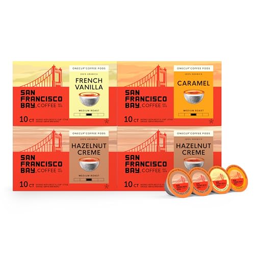 Image of San Francisco Bay K-Cup Coffee Pods Flavored Variety Pack (40 ct), Includes Hazelnut Creme, Caramel, & French Vanilla, Commercially Compostable Single-Serve Flavored Coffee Pods
