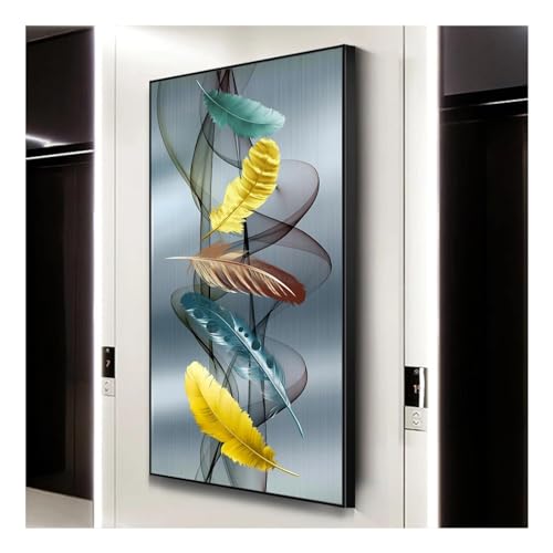 Peinture sur toile abstraite plumes jaunes et vertes grand format 70x140