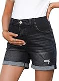 BLENCOT Women's Maternity Mid-Rise Elastic Panel Stretch Ripped Denim Shorts Under Belly Trendy Soft Cuffed Hem Pregnancy Jeans Shorts Black XL