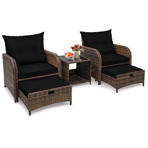 FYRICKYLINOO 5 Pieces Wicker Outdoor Patio Chairs Set with Ottoman Patio Conversation Furniture Set with Ottoman Underneath All Weather Brown PE Rattan Balcony Furniture Set & End Table, Black Cushion