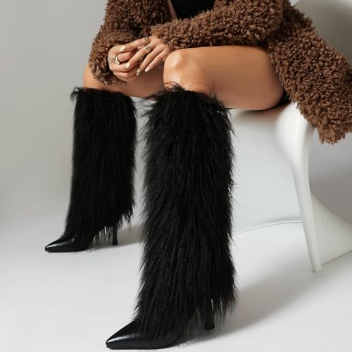 Women's Fur Knee High Boots Female Stiletto Heel Furry Side Zipper Pointed Toe Black Clubwear Party Evening Tall Boots4