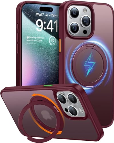 TORRAS 360 Rotatable Ring for iPhone 15 Pro Case 6.1", "Compatible with MagSafe, Slim Protective Ring Holder, Military Grade Shockproof Cover for iPhone 15 Pro 2023, Translucent Red