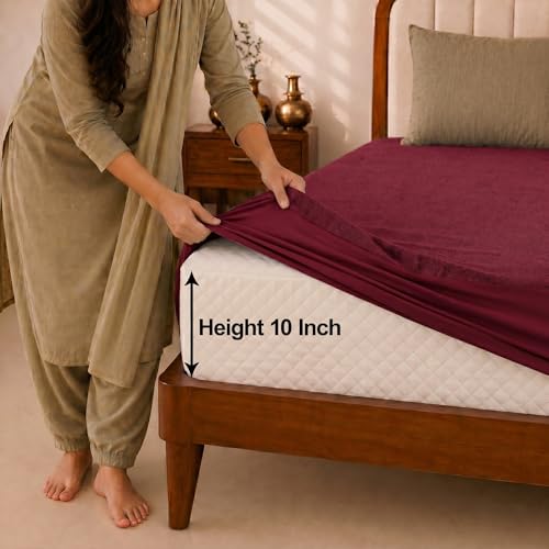 Image of Glassiano Cotton Feel Terry Ultra Soft Waterproof Mattress Protector | Breathable - Hypoallergenic Mattresses Cover with Elastic Strap for Single Bed (84x48 inch|7x4 feet, Maroon - Pack of 1)