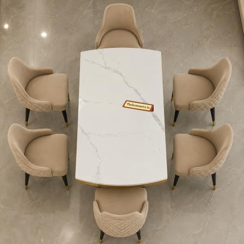 Image of 6-Seater Modern Elite Opal Storage Wooden Dining Table Set | 2 Year Warranty | Created Italian Statuario Marble Top | Elegant Composite Marble Table with 6 Chairs (Beige)