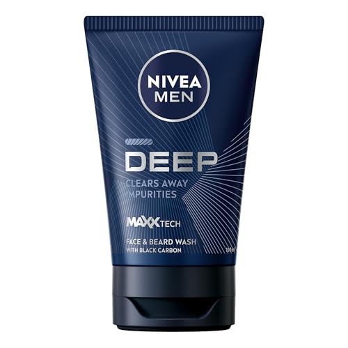 NIVEA MEN Deep Black Charcoal Face Wash (75ml), Dark Wood Men's Face Wash and Cleanser with Activated Charcoal, Anti-Bacterial Exfoliating Wash
