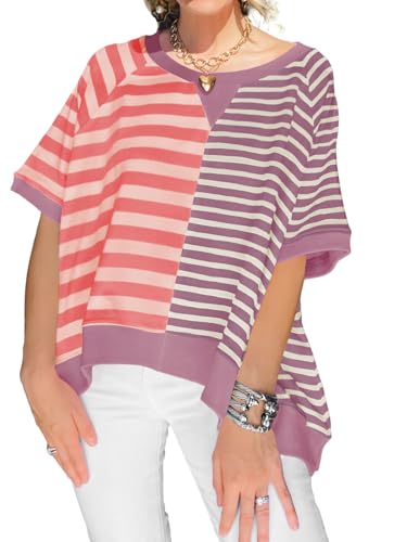 Tankaneo Womens Oversized T Shirts Summer Short Sleeve Striped Color Block Loose Fit Tops 2025 Trendy Clothes