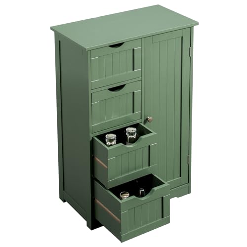 Image of Vasitelan Bathroom Wooden Floor Cabinet, Side Storage Organizer with 4 Drawers and 1 Cupboard, Freestanding Entryway Storage Unit Console Table,22 inch W x 11.8 inch D x 31.5 inch H (Green)