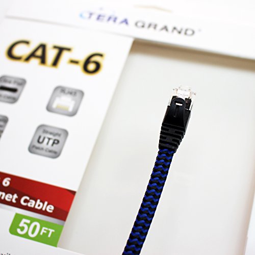 Tera Grand - 50 Ft Cat6 10 Gigabit Ethernet Ultra Flat Braided Network Cable, Black/Blue, Computer Internet Lan Cable With Snagless Rj45 Connectors (50 Feet) #TOP7