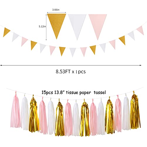 Image of Pink-White Gold Girl Birthday Party-Decorations - 23pcs Kits Tissue Paper Pom Poms Streamers,Princess Banner Flags,Bachelorette Baby Bridal Shower Engagement Decoration Tassel Garland Lasting Surprise