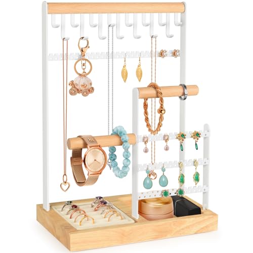 PAMANO Jewelry Stand Organizer Necklace Holder, Multi-Tier Earring Display with 68 Holes, Bracelet Tree Tower Dresser Vanity - White