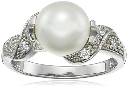 Amazon Collection Sterling Silver 9mm Simulated Shell Pearl and Cubic Zirconia Ring