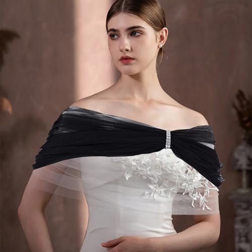 NICENEEDED Bridal Detachable Tulle Shawl, Black Wedding Strapes Puffy Dress Scarf Sleeve Shawls, Removable Shoulders Cover Up Accessory for Wedding Costume2