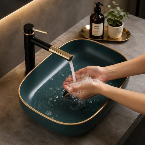 Image of OSOSAM Premium Designer Table Top Ceramic Wash Basin /Vessel Sink with Slim Rim for Bathroom (18 x 13 x 5.5 Inch) (Matte Green)