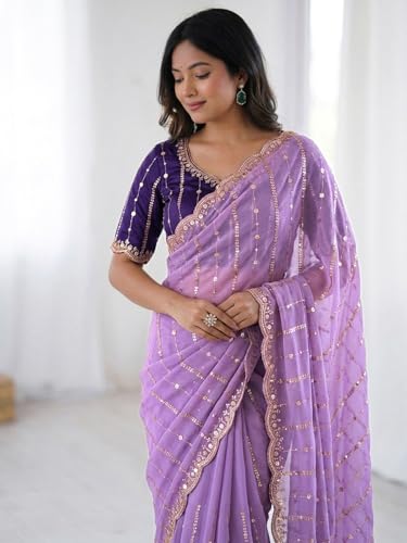 Image of SIRIL Women's Shimmer Georgette Scalloped Border Sequins Embroidery Saree with Unstitched Blouse Piece