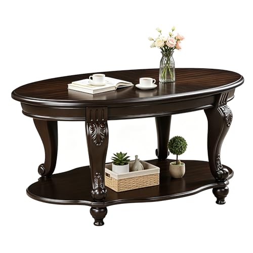 Traditional Oval Coffee Table with Ornate Carved Cabriole Legs, Espresso