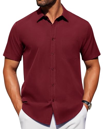 Alimens & Gentle Mens Short Sleeve Dress Shirt Wrinkle Free Solid Casual Button Down Shirts for Summer Business Wedding Wine Red L