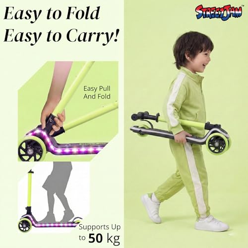 Image of STREETJAM Blinkie Kids LED Kick Scooter for 3-12 Years, LED Deck with Multiple Light Modes (1st Time in India), BIS Approved, Extra Wide Deck, Rechargeable, Up to 50 kg Load (Black with Neon Green)