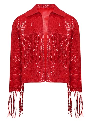 Kids Girls Open Front Sequin Fringe Jacket Shiny Tassel Hip Hop Jazz Dance Coat for Fancy Party3