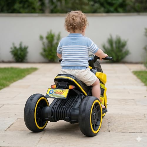 Image of MEKASHI 6V Electric Ride-On Bike for Kids | Bumble Yellow | Battery Operated Motorcycle with Bluetooth Music, LED Headlight, Foot Accelerator & Training Wheels | Ride-On Toy for Boys & Girls 1-4 Years