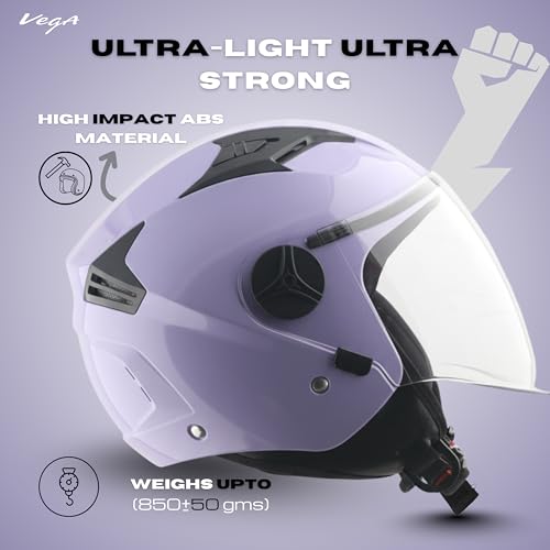 Image of Vega VO-05 Clark ISI Certified Open Face Motorcycle Helmet with High-Impact ABS Shell, UV-Resistant Scratch-Resistant Visor, Comfortable Breathable Inner Padding & Secure Fit - Light Purple - L