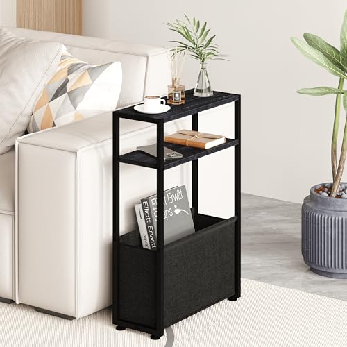 Leomonio Black Side Table, Slim Side Table with Magazine Rack, Bathroom Table for Small Spaces, Narrow Bedside Table for Living Room, Bedroom