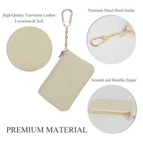 Image of Full Grain Leather Coin Purse with Key Chain - Small Change Purse Keychain Card Holder Keychain Pouch Small Keychain Wallet for Women and Men (Creamy-white), LA-2312