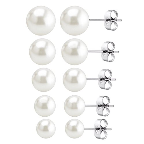 Faux Pearl Stud Earrings Stainless Steel Hypoallergenic Set (5Pairs white)