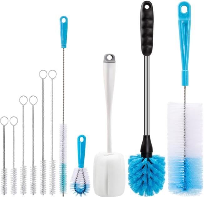Bottle Brush Cleaning Set, 11-Piece Long Handle Bottle Cleaner Kit with Straw Brushes, Sponge Brush & Spout Brush for Narrow Neck Bottles, Glasses & Cups, White