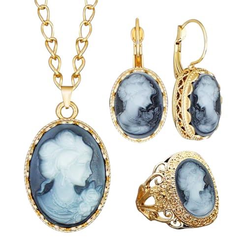 HYJYGM 6 Farben Vintage Lady Queen Cameo Schmucksets für Frauen Farbe Blau Grau Mode Blume Kamee Halskette Ohrring Ring HYJYGM 6 Farben Vintage Lady Queen Cameo Schmucksets für Frauen Farbe Blau Grau Mode Blume Kamee Halskette Ohrring Ring