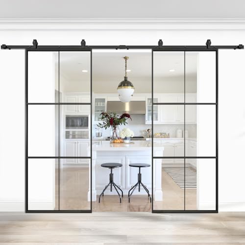 JUBEST Double Barn Door 64 x 84 in with 12FT Hardware Kit, 2 Sets of 32x84 in Clear Tempered Glass...