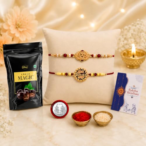 Image of DeoDap Rakhi For Brother Set Of 2 With Sweets & Effete Choco Magic (Pouch) with Silver Color Pooja Coin, Roli Chawal, Greeting Card For Brother, Bhabhi, Kids, Rakhi Combo (K2 276+527 SM)