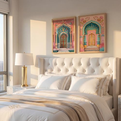 Image of Suneree Rajasthani Haveli Door Wall Art Painting | Set of 2 Framed Paintings | Colorful Indian Architecture Decor for Living Room Bedroom Home | (ART 2, 10x13 INCHES)