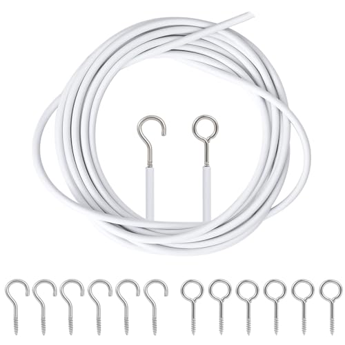 White Curtain Wire Plastic Coated Window Picture Hanging Wire with 8 Pairs of Screw Eyes and Hook 4 Meters
