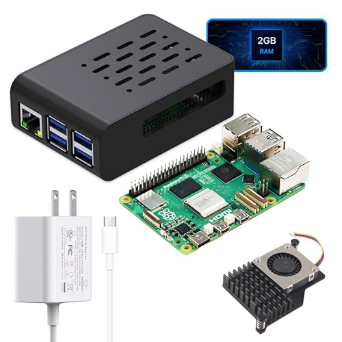 TRASKIT Basic kit for Raspberry Pi 5 2GB RAM 27W PD Power Supply PI5 Case Active Cooler and Pi 5 2GB Single Board Included
