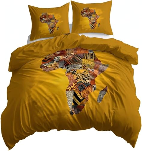 NDXRWDZR 布団セット 黄色のアフリカ地図 布団カバー 3点セット防ダニ 抗菌防臭 通気吸湿 四季適用 ポリエステル布団カバー 170x210 cm + 2 枕カバー 43x63 cm