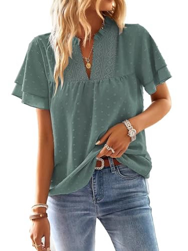 TUUHAW Top Damen Sommer Boho Bluse Kurzarm Oberteile Fließend Elegant V-Ausschnitt T Shirt Lässig Outfits Spitze Kleidung