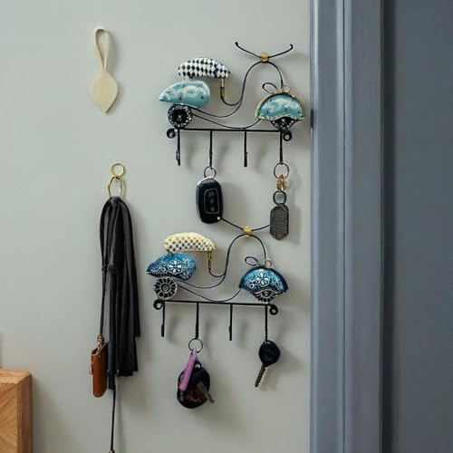 Image of Framing Hub - Metal Handpainted Wall Decor Scooter Key Holder Set of 2 Multicolor Wall Key Hanger with 4 Hooks for Home & Office