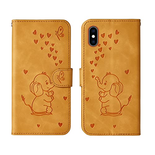 Bartern Flip Case for iPhone X/iPhone XS,Cute Elephant PU Leather Folio Flip Wallet Phone Case Cover with Card Holder Magnetic Closure and Stand Feature for iPhone X/XS,Yellow