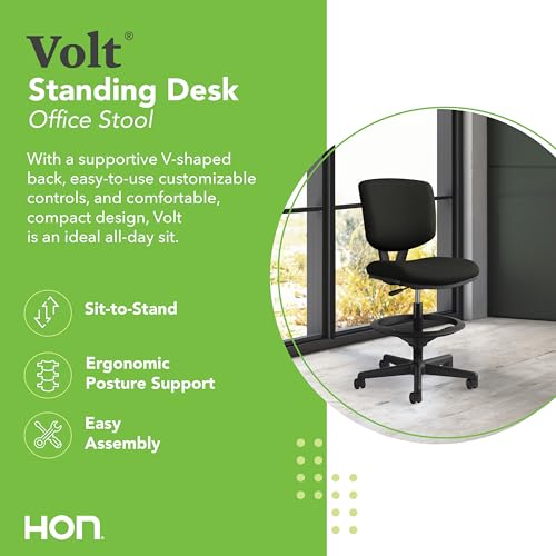 Image of HON Volt Standing Desk Chair with Bonded Leather Seat and Back, Armless Ergonomic Task Stool with Adjustable Footring and Center‑Tilt Recline for Sit‑Stand Workstations, Black