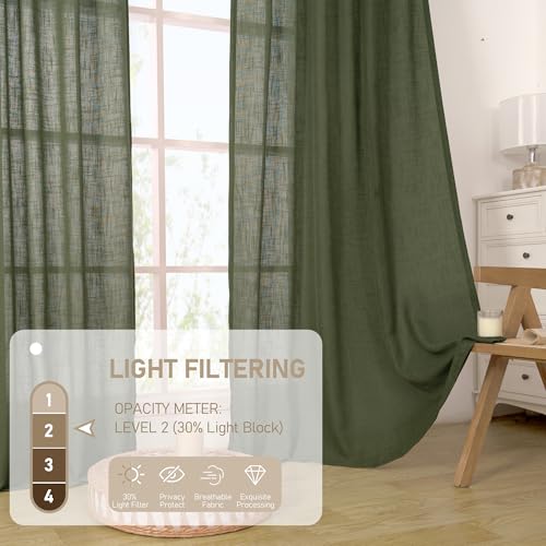 LAMIT Kitchen Semi Sheer Linen Curtains 24 Inch Long, Light Filtering Panels Back Tab and Rod Pocket Neutral Drapes for Cafe/Bathroom/Small Window, Olive Green, 2 Panels, 34 x 24 Inch