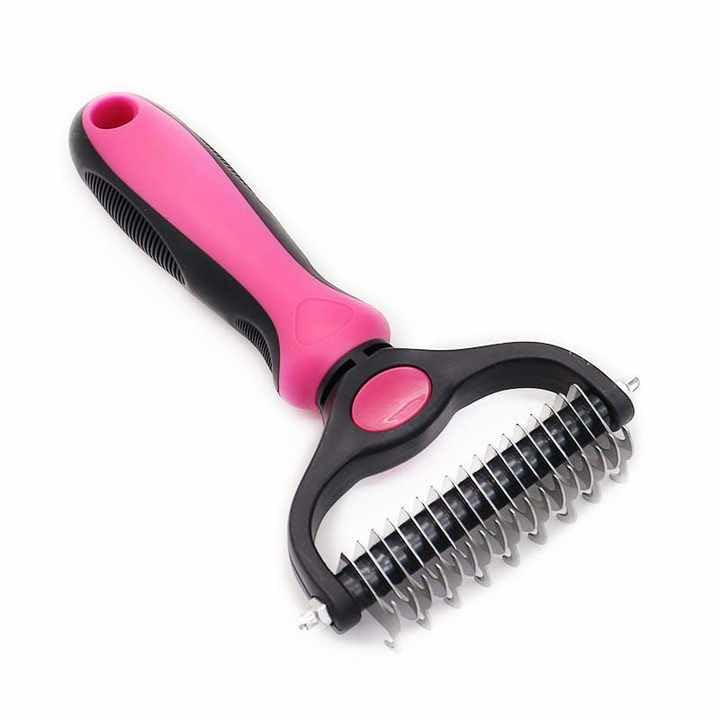 Pet Grooming Brush, Double-Sided Deshedding Tool, Undercoat Rake for Dogs and Cats Blue (Pink Small)