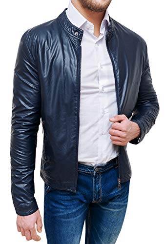 Veste moto homme Evoga en faux cuir bleu foncé aux finitions premium