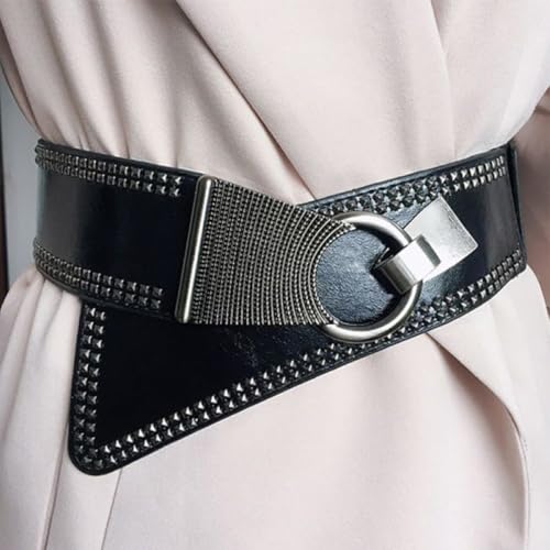 Wide Elastic Belt Women Punk Rivet Belt Oblique Hook Buckle Leather Waist Belt Retro Cinch Belt For Dress Shirt Coat2